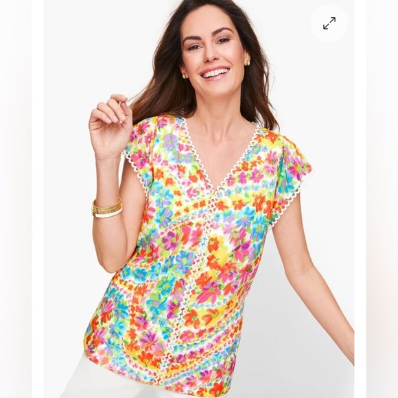 Talbots Blouse Women’s XL Rainbow Floral Embroidered Trim Cotton Happy Bohemian - Picture 1 of 10